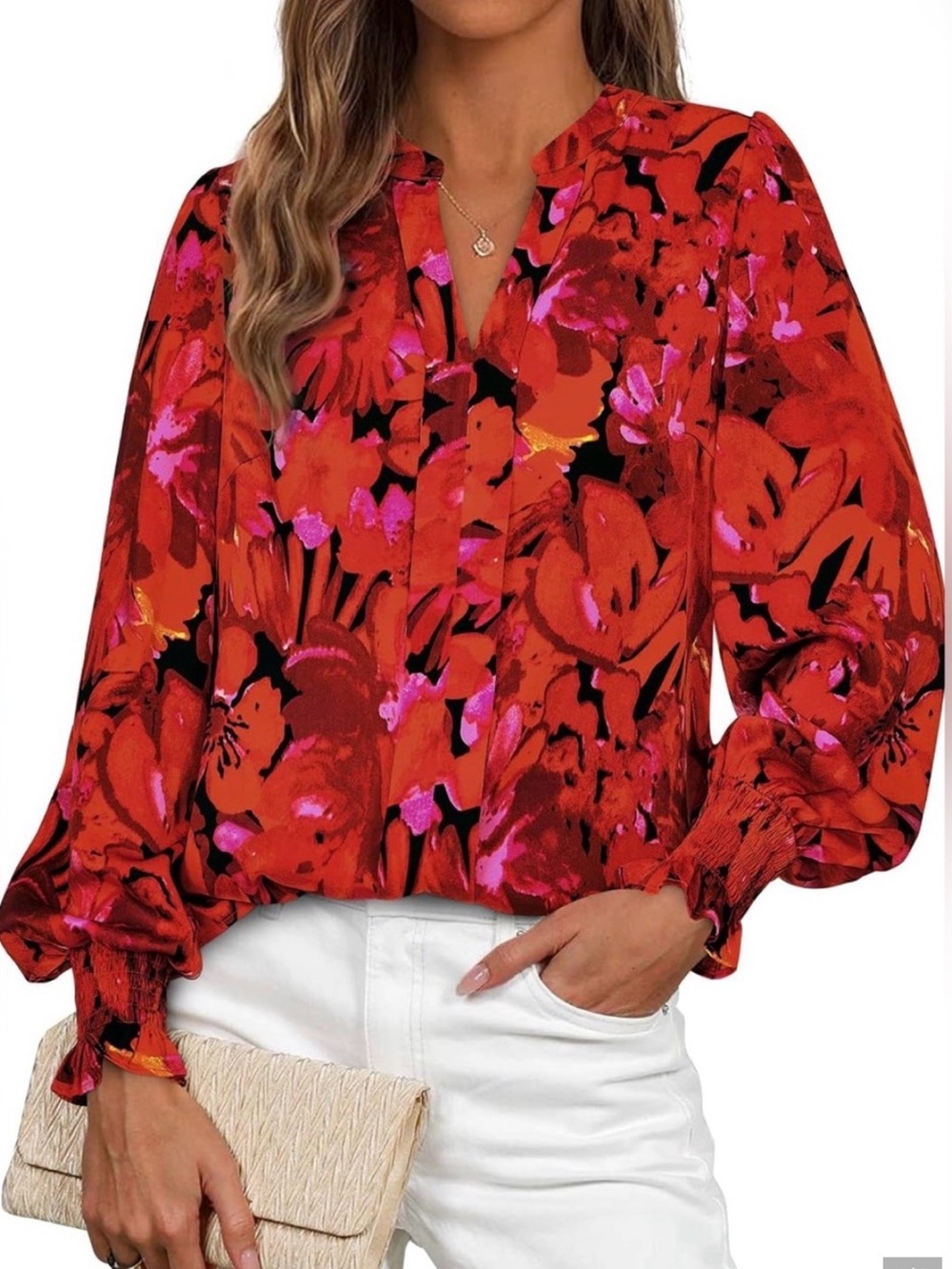 Mascomoda Red Floral V-Neck Long Sleeve Blouse with Smocked Cuffs